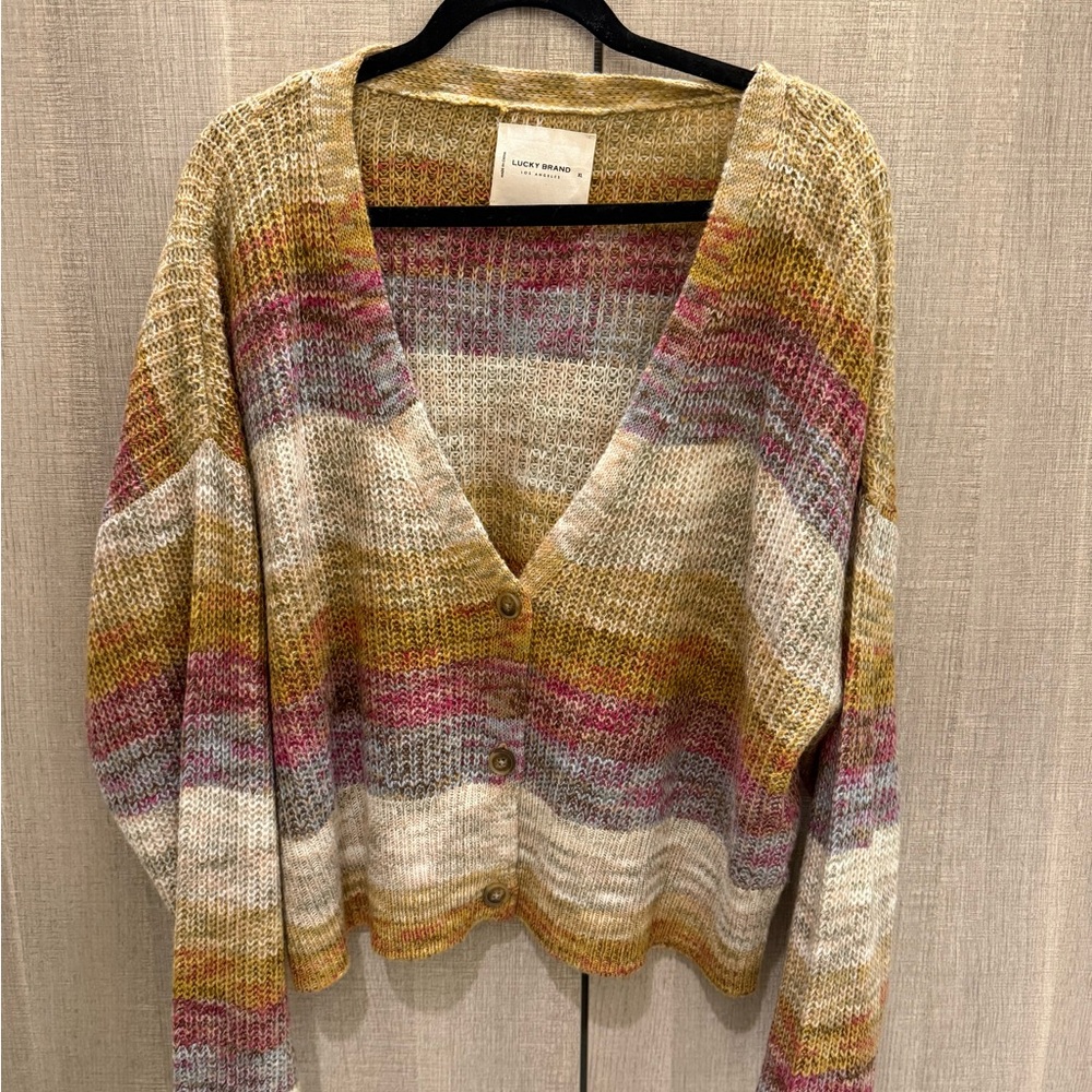 Lucky Brand Women's Striped Cardigan in Pink, Yellow, and Cream